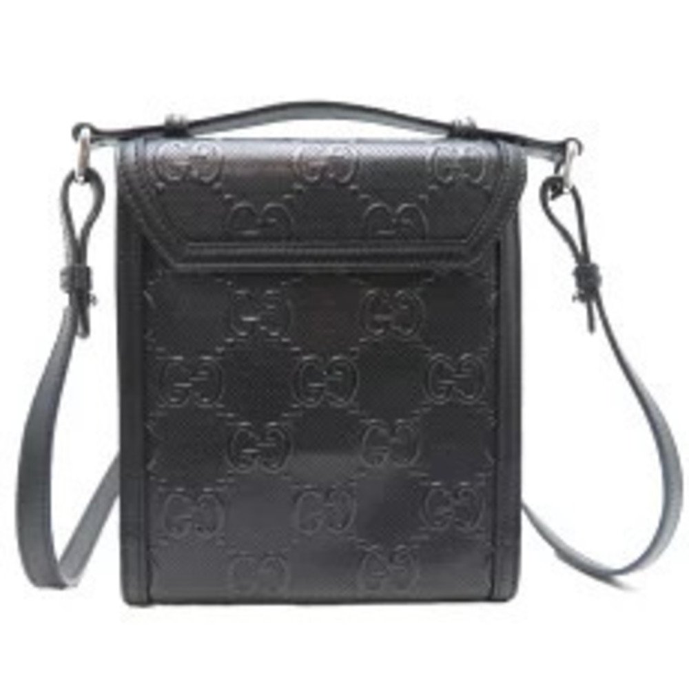 Gucci Black Embossed GG Messenger Tote Bag Leather